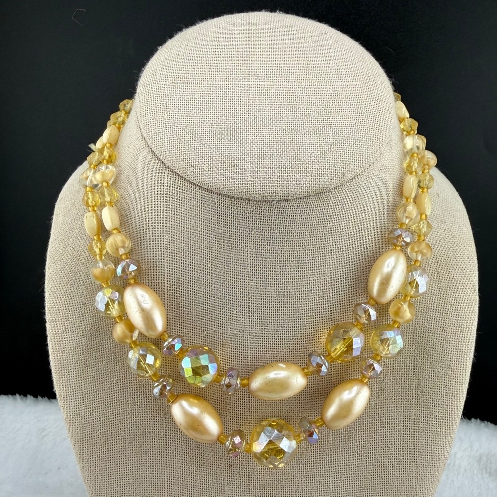 Vintage W. Germany Necklace Yellow Double Strand Glass Faux Pearl 14.5" READ